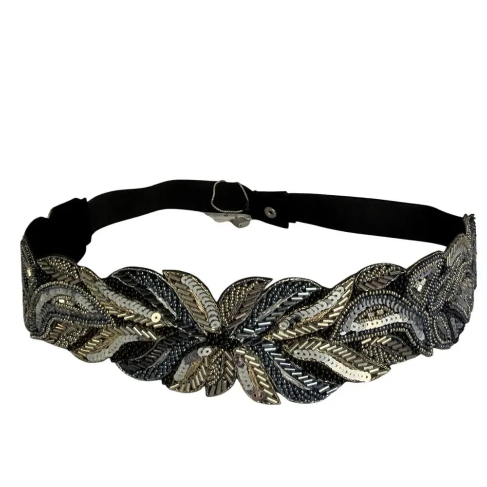 Silver Beaded Embroidered Boho Festival Floral Belt Elastic Sz 34 Waistband NWT